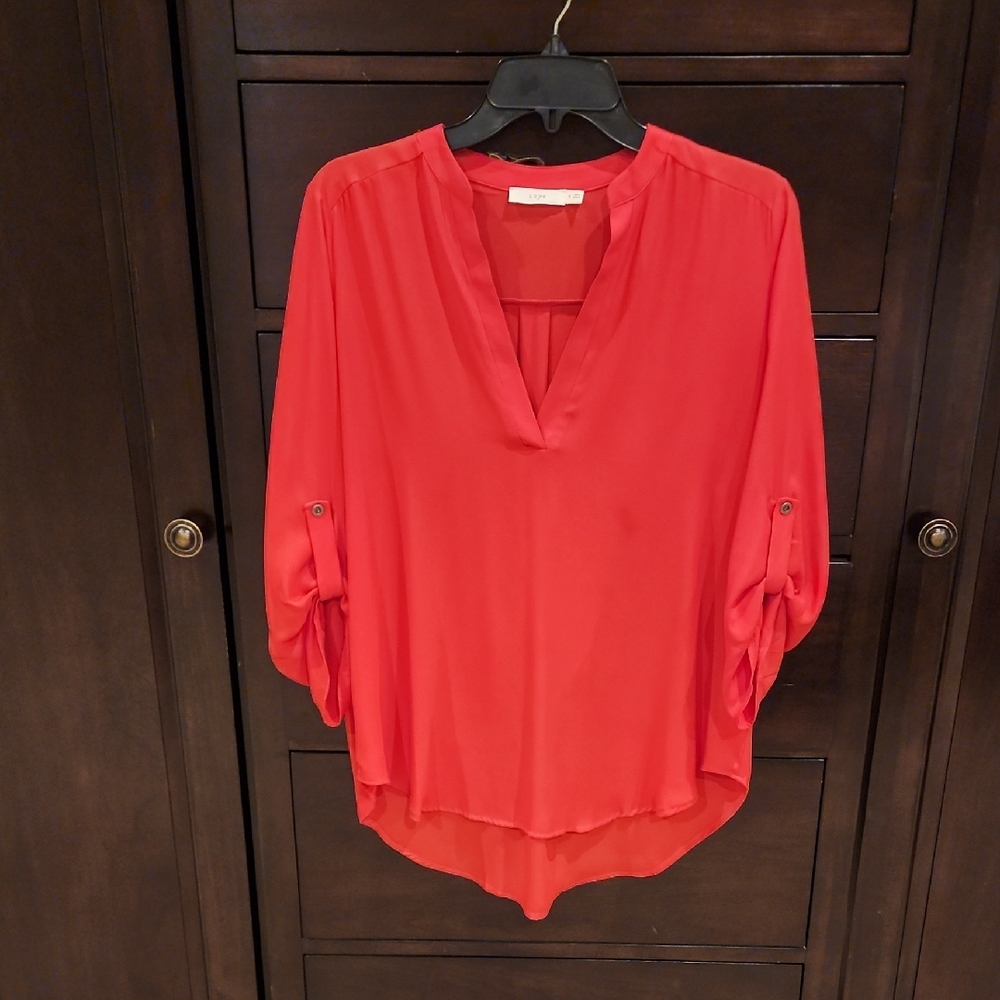 Lush Red V-Neck Roll-Tab Sleeve Blouse